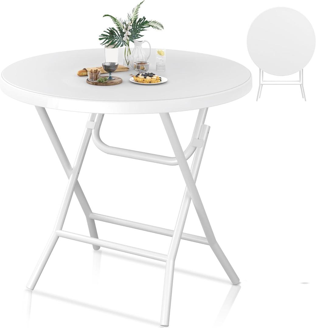 YITAHOME Portable Round Folding Table, 32 Inch Round Table with 1.57" Thick HDPE Tabletop and Strong Metal Frame for Patio, Backyard, Dining Room, Parties and Events, White