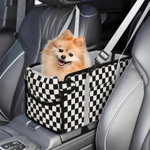 Console Dog Car Seat - Portable Dogs Armrest Booster Seat for Small Dog, Foldable Pet Car Seat with Safety Belt, Black Checkered