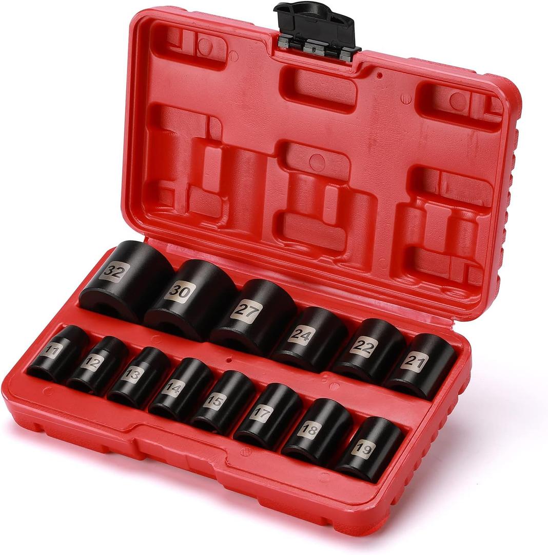 EMENTOL 14 PCS 1/2" Drive Standard Impact Socket Set, Metric, CR-V, 1/2-Inch Drive Shallow Impact Socket Set, 11mm - 32mm
