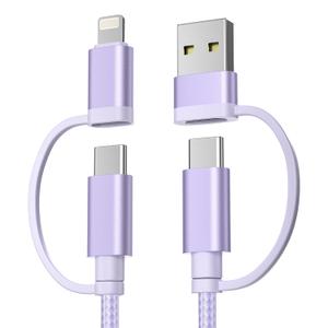 Basesailor for Samsung Galaxy S25 Cable,4-in-1 USB C Charger Cable 6.6FT for S24 S23 S22 Plus Ultra,60W Fast Multi Charging Cord with USB A/Lightning Adapter for iPhone 17 16 15 14,iPad Air 4 5,A42, Purple