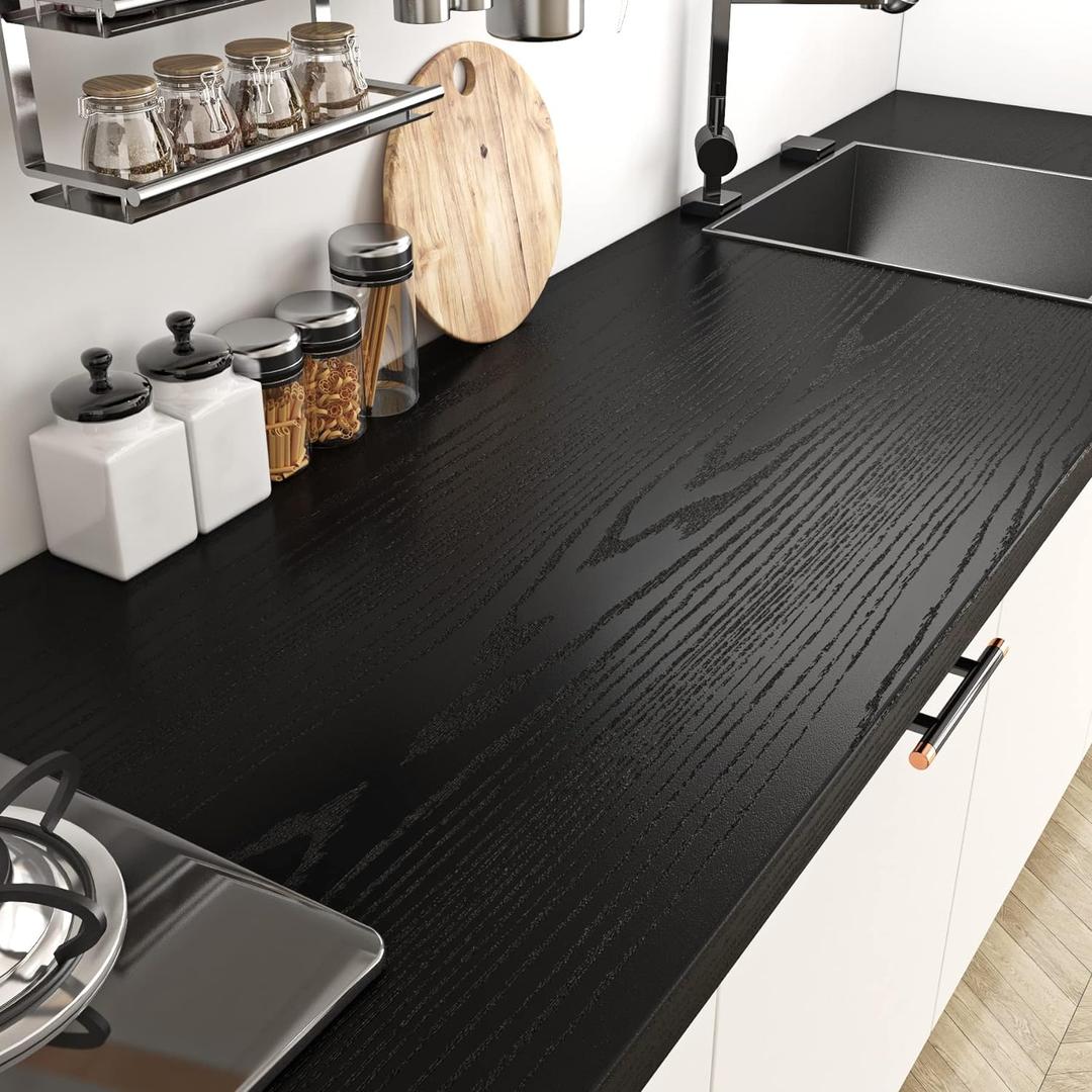 Livelynine 36 X 394 Inch Countertop Contact Paper Black Wood Counter Top Peel and Stick Waterproof Heat Resistant Wood Vinyl Wrap for Furniture Table Cover Desk Wallpaper Removable Kitchen Cabinet, Black Wood