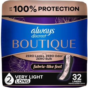 Always Discreet Boutique Adult Incontinence Bladder Leak Panty Liners for Women, Very Light Absorbency, Long Length, Up to 100% Bladder Leak Protection, 32 Count