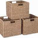 Seagrass Storage Baskets, 12X12X10in Cube Wicker Storage Basket for Shelves, Pantry Baskets Organization and Storage, Kitchen Storage Baskets, Bathroom Shelves Storage Basket Set of 3