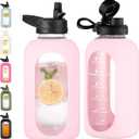 CIVAGO 64 oz Glass Water Bottle with Straw, Half Gallon Large Water Jug | Motivational, Time Marker, Leakproof Lids, Wide Mouth, Flask Cup with Handle and Silicone Sleeve, for Juices, Blush