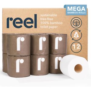 Reel Premium Bamboo Toilet Paper - 12 Rolls of Toilet Paper - 3-Ply Made From Tree-Free - Zero Plastic Packaging, Septic Safe
