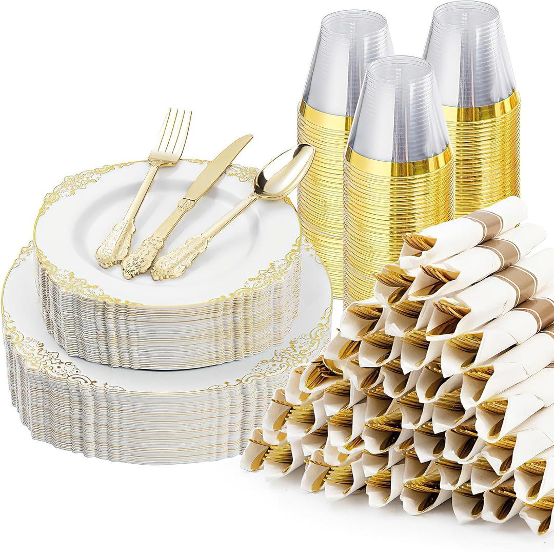 Bestluck 350PCS Gold Plastic Plates for 50 Guests, Disposable Dinnerware Sets Include 100 Gold Rim Plastic Plates, 50 Silverwares, 50 Cups, and 50 Pre Rolled Napkins for Party, Wedding, Graduation