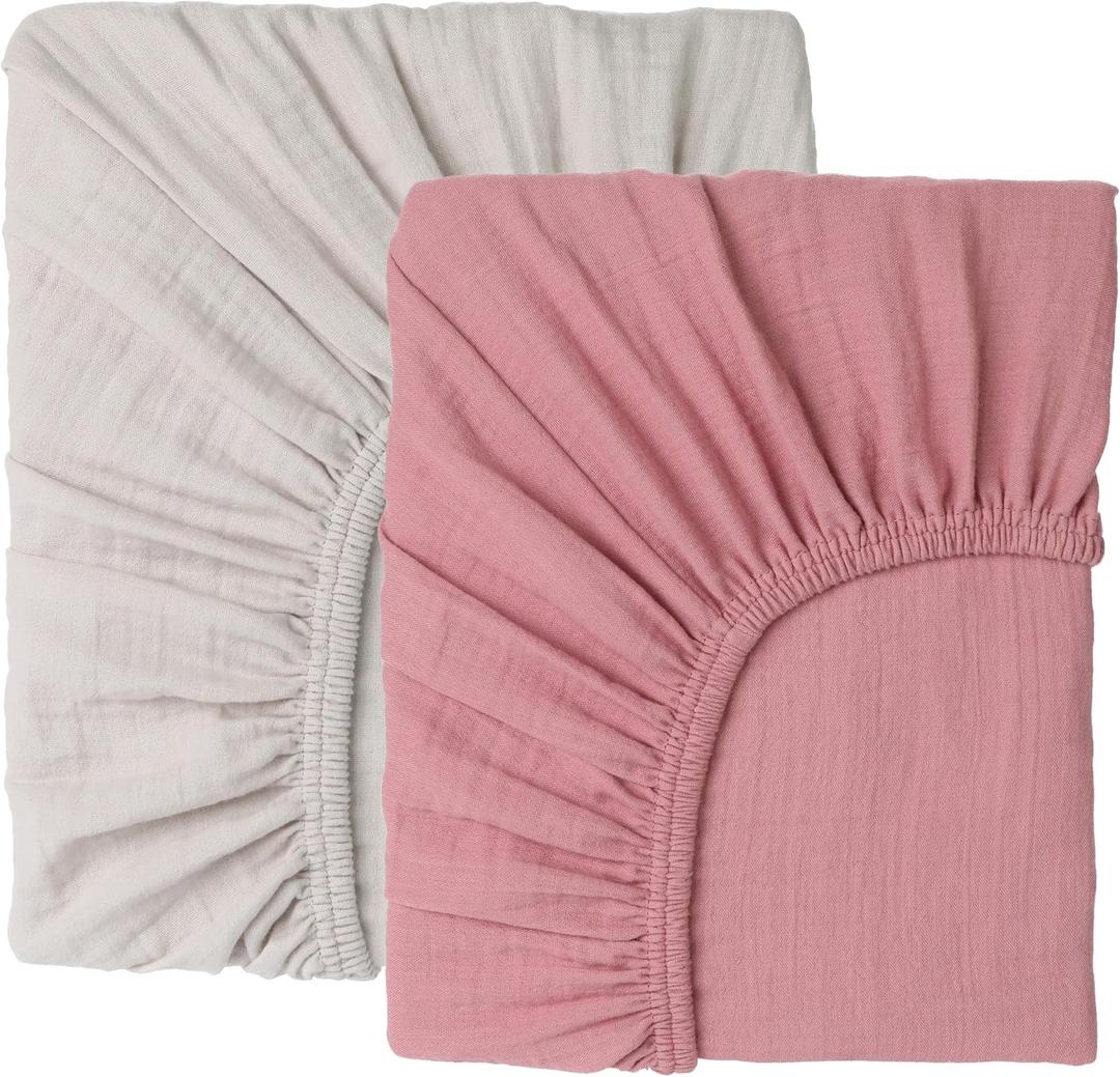 Muslin Crib Sheets - Organic Turkish Cotton, Ultra Soft & Breathable -Fitted Crib Sheets for Boys & Girls, GOTS & Oeko-TEX Certified, 52x28, Cotton Latte & Neutral Rose