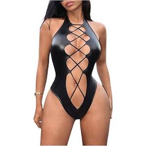 WDIRARA Women's PU Leather Halter Bodysuit Cut Out Lace Up Sleeveless Body Suit Sexy Clubwear Black Small