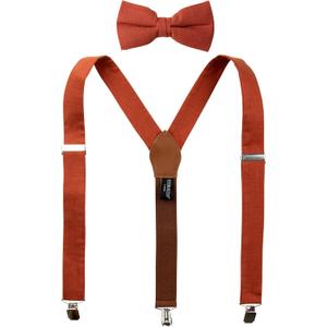 Spring Notion Mens' Linen Blend Suspenders and Bow Tie Set for Groomsmen Wedding (42 Inch, Rust)