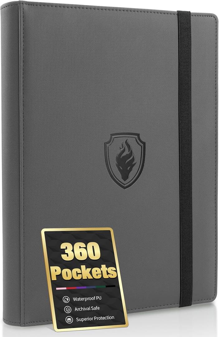 Premium 9 Pocket Card Binder for 360 Cards, Fabmaker PU Cover Trading Card Binder, Sturdy Card Collection Album, Sleek Card Holder Folders for Game Cards & Sports Cards, Grey