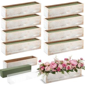 Sintuff 8 Set Rectangle Wooden Planters, 17 x 4 Inch Wood Boxes with Removable Plastic Liner & Floral Foam Blocks, Rustic Wood Planter for DIY Centerpieces Home Wedding Garden Bookshelf Decor
