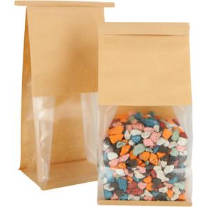 QTLCOHD 100 Pcs Bakery Bags with Window - 5.1 x 4.3 x 11 Inch Tin Tie Tab Lock Small Paper Bread Bags for Homemade Bread, Cookie, Pastry, Loaf, Treat Packaging, Brown | Tin Tie Tab Lock