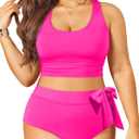 Tempt Me Plus Size Two Piece Swimsuits - Women High Waisted Bikini Scoop Neck Bathing Suit Swimwear Hot Pink 18 Plus