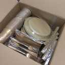 Supernal 700PCS Gold Plastic Dinnerware Set - Includes 100 White and Gold Plates Disposable, 100 Dessert Plates, 100 Plastic Silverware Set, 100 Cups 9 OZ, 100 Napkins Ideal for Wedding Party Birthday