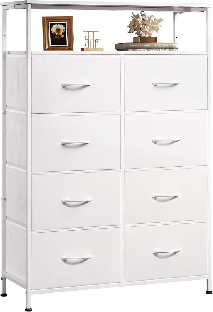 WLIVE Fabric Dresser for Bedroom with Open Shelves, Tall White Dressers with 8 Drawers, Storage Tower with Fabric Bins, Chest of Drawers for Closet, Hallway