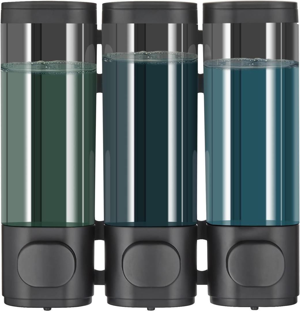 Pollock Shower Dispenser 3 Chamber No Drill Shampoo and Conditioner Dispenser for Bathroom, Large Capacity, Black