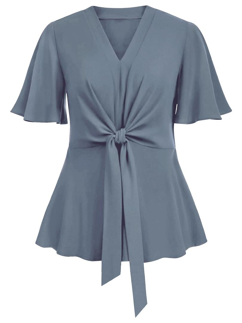 SCOMCHIC 2024 Women's Plus Size Peplum Tops Elegant V Neck Tie Front Bell Sleeve Flowy Blouses Shirts Grayish Blue 3XL