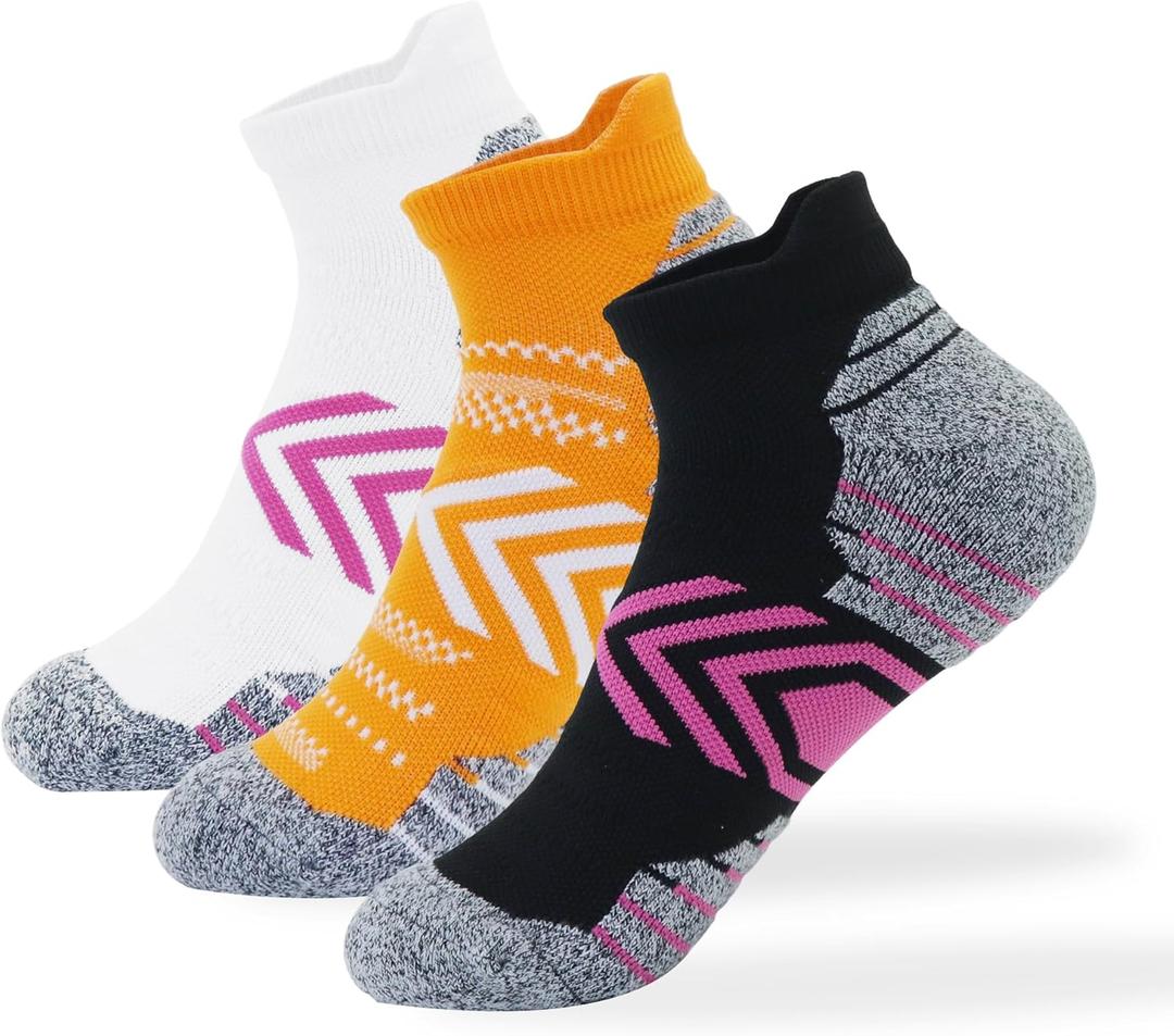 Women's sports socks running comfortable with Cushion anti-bubble 3 pairs low-top high-performance soft socks (7-10, 3 Pair Black/White/Orange)