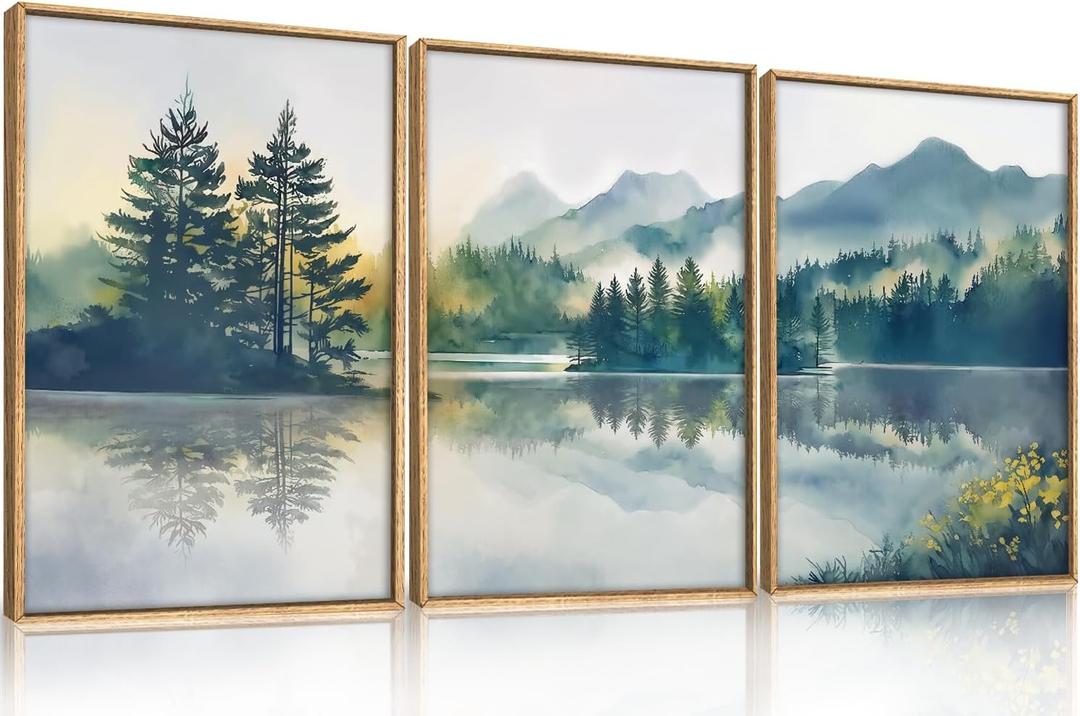 HPNIUB Large Green Mountain Framed Canvas Wall Art Set, Nature Foggy Forest Lake Reflection Wall Decor,Modern Pine Tree Artwork,Watercolor Landscape Art Print for Living Room,Bedroom,Office-24 x36 x3, Nature Mountain Wall Art