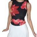 Milumia Women's Floral Mesh Tank Top Y2k Ruched Going Out Tops Beach Vacation Clothes Black and Red X-Small