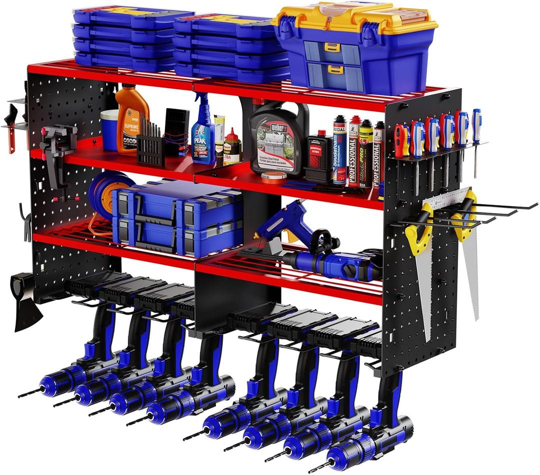 FAHKNS 4 Layer Power Tool Organizer, Heavy Duty Drill Holders Wall Mount, Extended Large Tool Storage Organizer, Tool Rack for Garage Workshop Pegboard, Gifts for Men