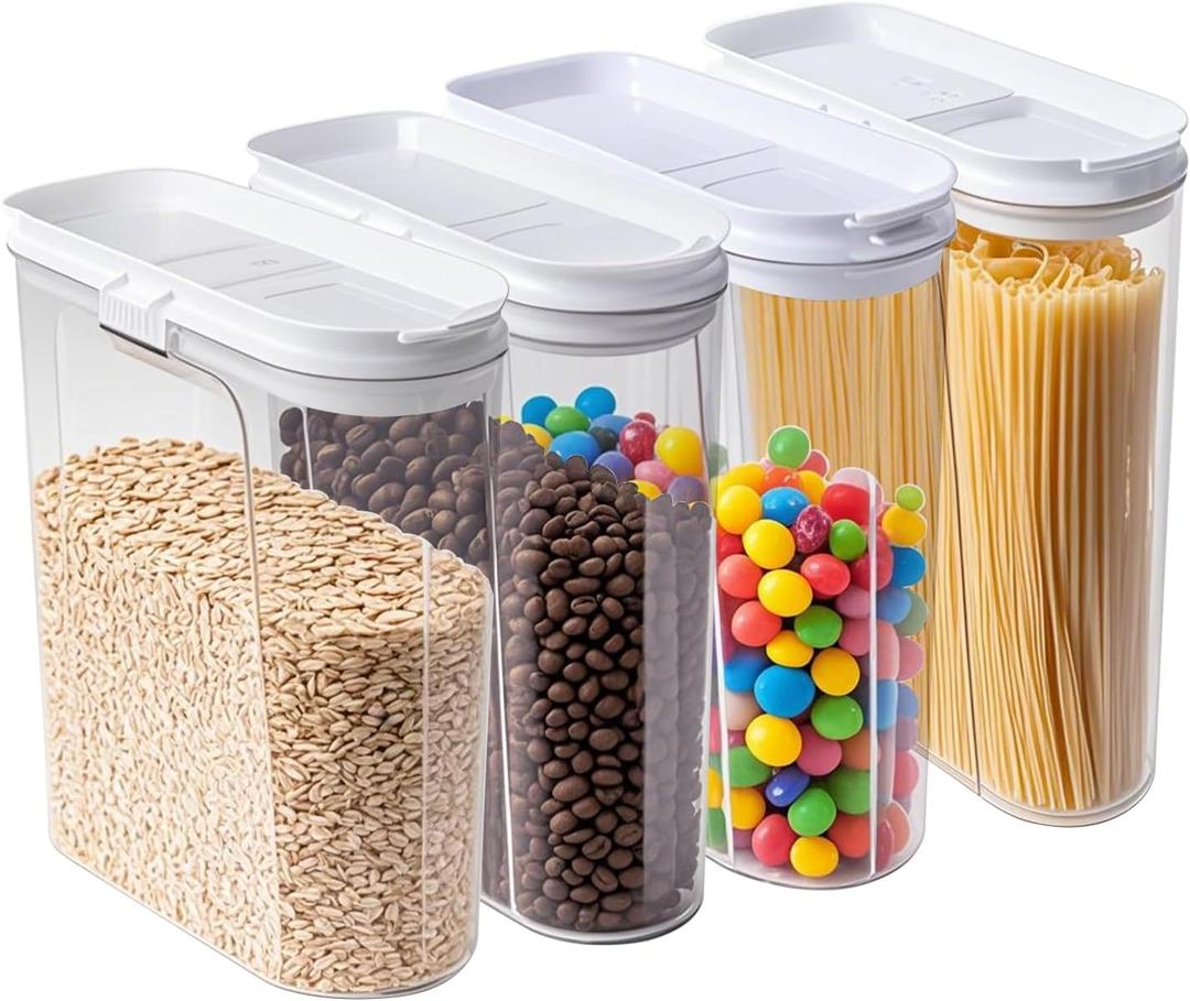 4 Pack Cereal Containers, Airtight Food Storage Containers with Pour Spout, PET Plastic Pantry Canisters for Cereal Rice Flour Sugar, BPA-Free Kitchen Organizers, Sealed Dry Food Containers