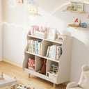 Treocho Kids Bookshelf and Toy Storage Orangizer, 3-Tier Wooden Children's Bookcase with Curve Design, 5 Cubbies Toy Storage Cabinet Display with Legs for Children's Room, Playroom, School, White, 35.43 Inches L X 13.78 Inches W X 36.22 Inches H