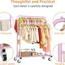 Laiensia Double Rods Garment Rack with Wheels, Clothing Rack for Hanging Clothes,4 Hooks, Multi-Functional Bedroom Clothes Rack, Pink