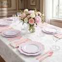 COLOSUS 150pcs Disposable Pink and White Stripped Plastic Plates and Silverware set, Light Pink Dinner/Dessert Plates silverware serve 30guests for Easter Day, Wedding Party and Daily use.