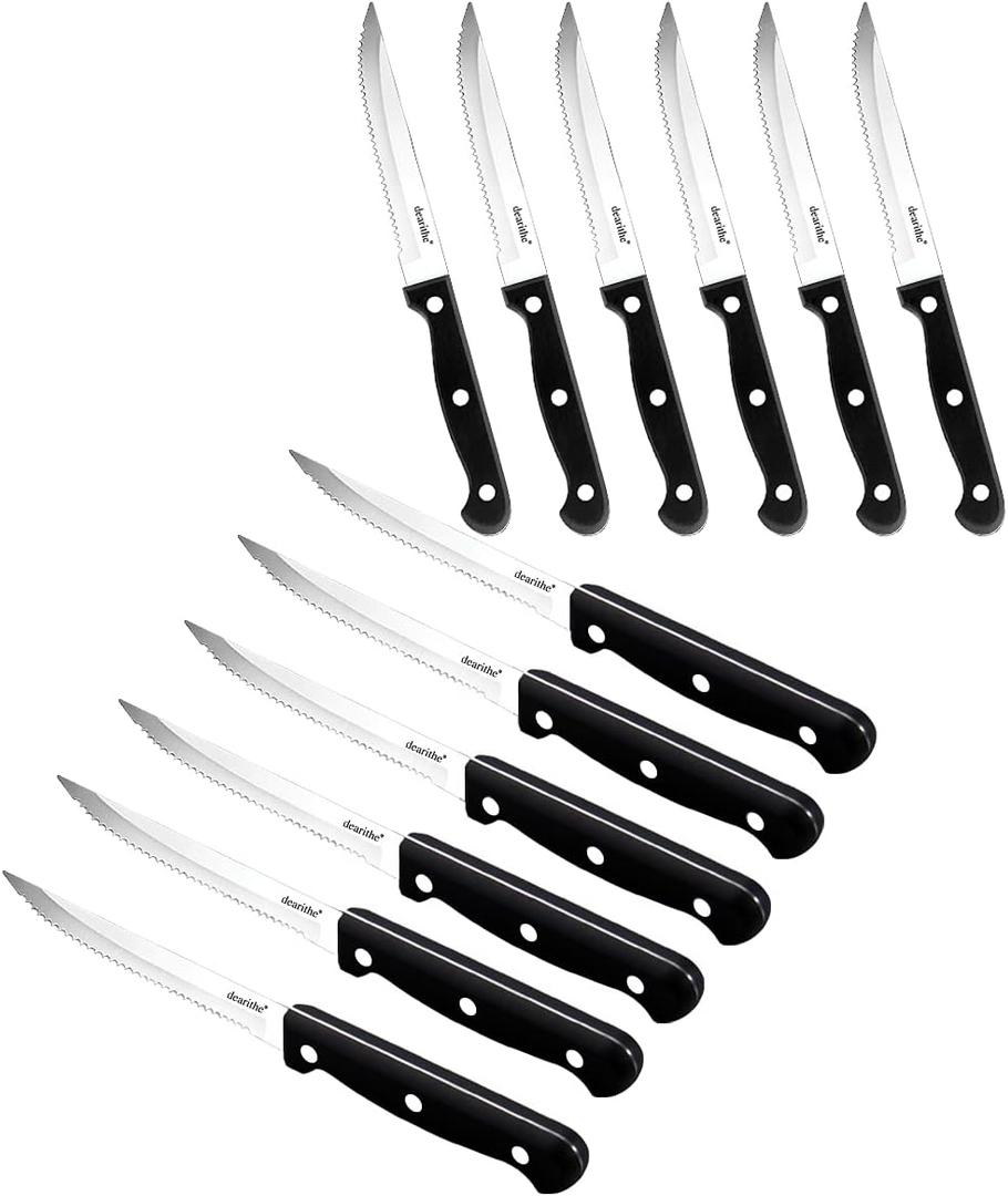 Serrated-Steak Knives Set of 12, Black Full-Tang Triple Rivet Steak Knife Sets, 4.5 Inch, For Kitchen Restaurant Tableware Camping ,Dishwasher Safe, Stainless Steel Sharp Blade