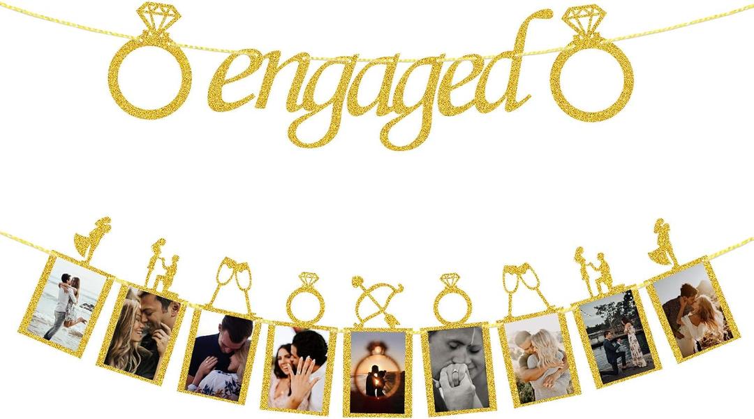Engagement Wedding Decorations, Gold Engaged Banner and Photo Banner with Romantic Memories Picture Card Frames for Engaged/Wedding/Anniversary/Valentines Day Party