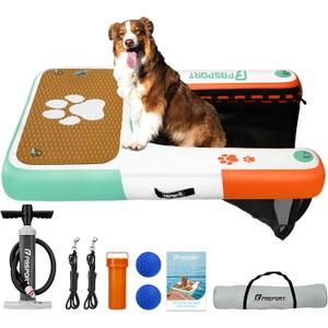 FBSPORT Inflatable Dog Boat Ramp Floating Dock Water Ladder for Pool, Boat, Non-Slip EVA Floating Ladder Pool Ramp for Dog Up to 220 LBs, Safe & Easy Access, Teal&orange White, 47"*39"*6"