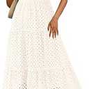 PRETTYGARDEN Womens 2025 Summer Maxi Dress Short Sleeve V Neck Hollow Out Eyelet A Line Long Flowy Beach Vacation Dresses (White)