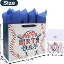 wishinside 13” Large Baseball Happy Birthday Gift Bag Set with Handles, Greeting Card, Tissue Papers and Stickers for Boys Kids Teens, Sport Themed Birthday Design, 1 Pcs