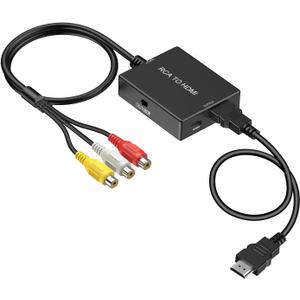 RCA to HDMI Adapter Converter, AV to HDMI Converter with HDMI Cable Supports PAL/NTSC for PS2/VHS/VCR/Blue-Ray DVD ect