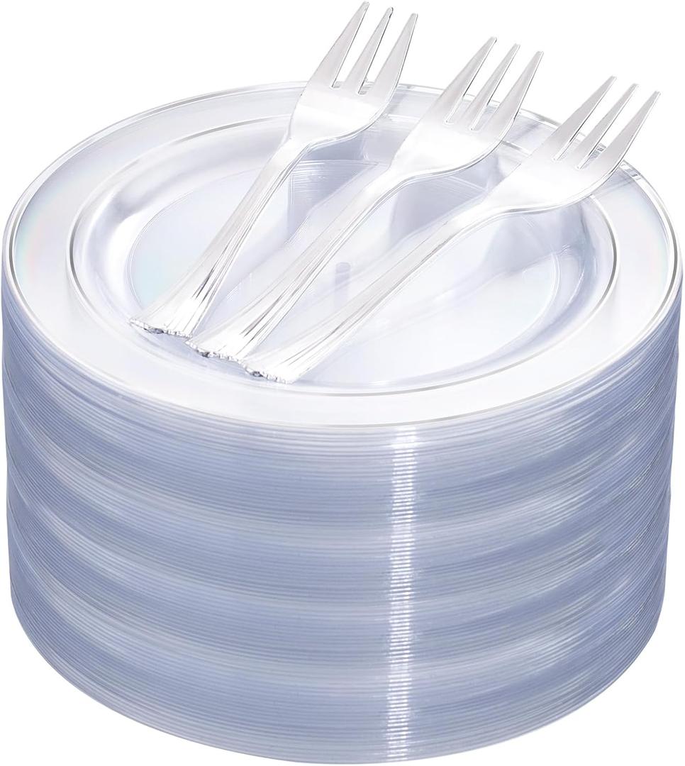 DaYammi 240Pcs Silver Dessert Plates Set Includes 120 Disposable Cake Plates 6.5" 120 Plastic Forks 5.7", Clear Silver Plastic plates, Fancy Appetizer plates for Party and Wedding Birthday
