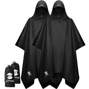 SaphiRose Hooded Rain Poncho Waterproof Raincoat Jacket for Men Women Adults (One Size, Black 2-pack)