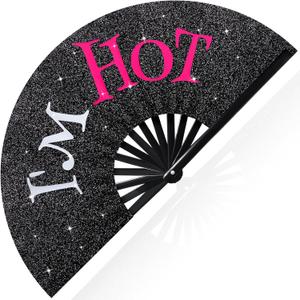 2 x Vercraft 13'' Large Folding Fans for Line Dancing Glitter Large Rave Hand Fan Clack Rave Fan for Women for EDM Music Party Decor(Black,I'm Hot)