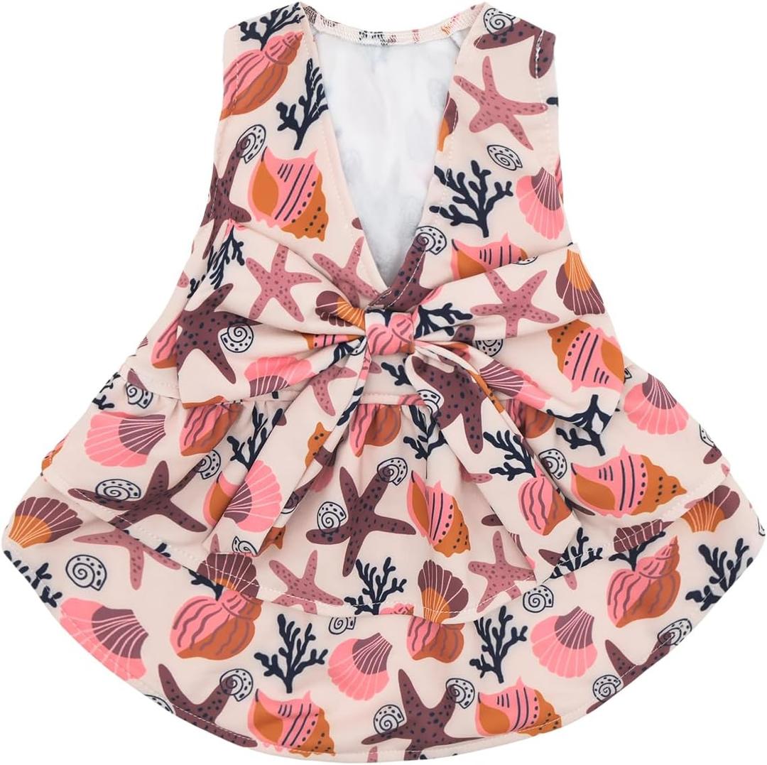 CuteBone UPF50+ Dog Dresses  Dogs, Summer Sleeveless Deep V-Back Pet Dress with Big Bow, Breathable Swimwear Fabric, Cooling Stretchy Puppy Clothes for Outdoor Wedding Party Beach DV10M, Seabed Medium