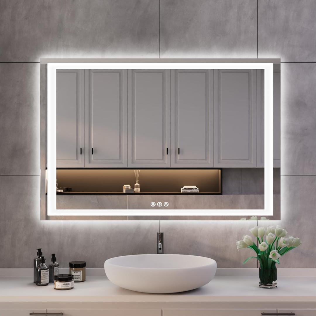 ISKM 44x28 LED Mirror for Bathroom, Front and Back Lit, Anti-Fog, Dimmable
Memory Function,ETL,3 Color Temps 3000K-6000K,IP65 Waterproof ,Tempered Glass, Plug in or Hardwired, for Makeup & Shaving