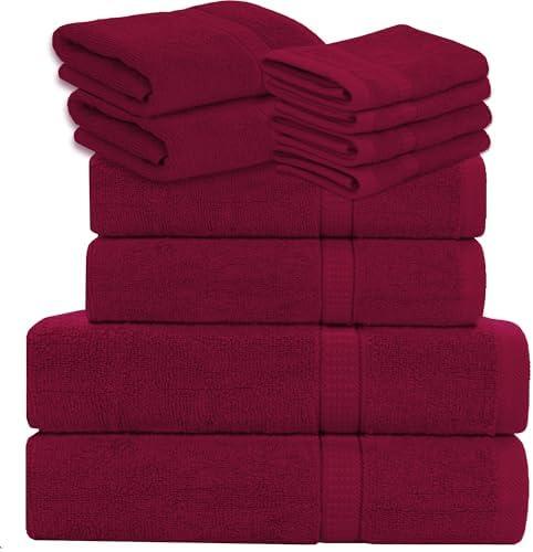 GOLD TEXTILES Luxury 10 Piece Towel Set, (Bath Towel 27x54, Hand Towel 16x30, Washcloth 13x13, Pool Towels 24x50) Ultra-Plush Absorbent Cotton Towels for Bathroom (Red Wine, 10 Piece Towel Set)