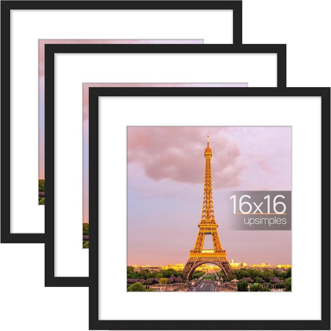upsimples 16x16 Picture Frame Set of 3, Made of High Definition Glass for 12x12 with Mat or 16x16 Without Mat, Wall and Tabletop Display Photo Frames, Black