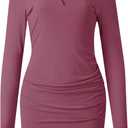 AUXDIO Women Bodycon Long Sleeve Dresses Casual V Neck Ruched Wrap 2026 Spring Fall Party Club Mini Dress (Pink, M)