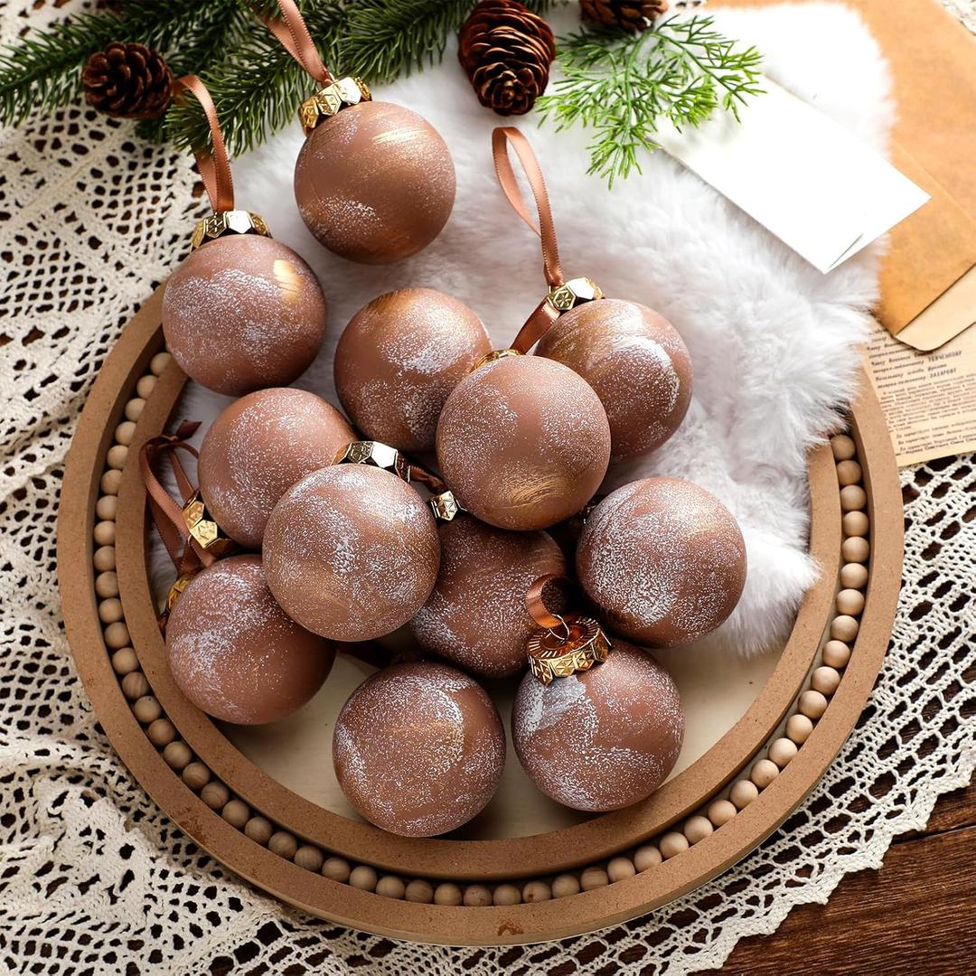 Yunlly 24 Pcs Textured Christmas Ball Ornaments 2.36'' Neutral Christmas Tree Decor Modern Vintage Brown Hanging Decor Shatterproof Home Ornaments for Rustic Large Farmhouse