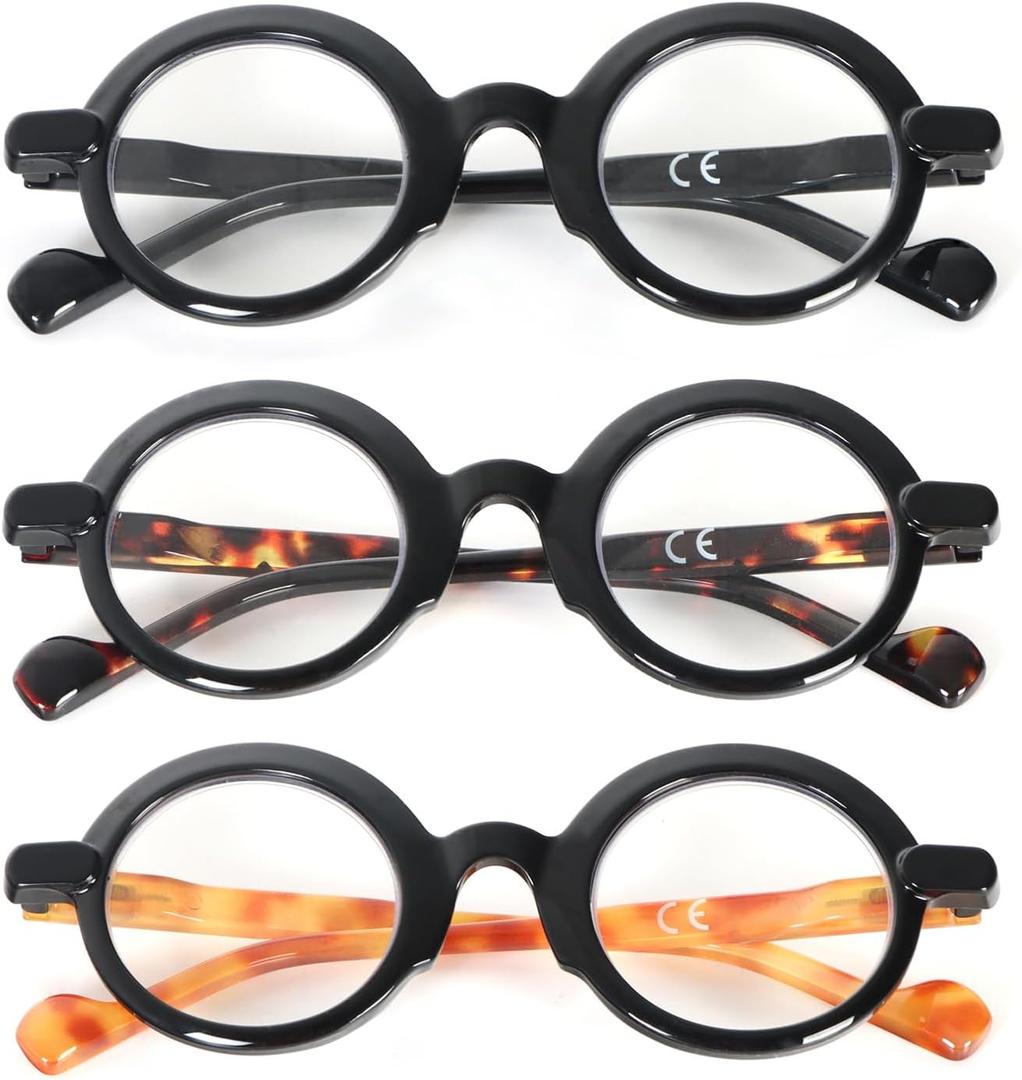 MMOWW 3 Pack Retro Round Reading Glasses for Women Men Blue Light Blocking Readers with Spring Hinges