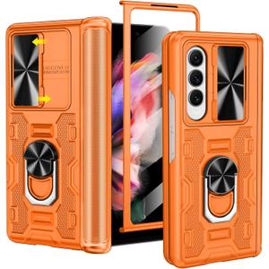 VEGO for Samsung Galaxy Z Fold 3 Case with Stand, Slide Camera Cover & Screen Protector & 360Ring Magnetic Kickstand Military Grade Heavy Duty Protective Case for Galaxy Z Fold 3- Orange