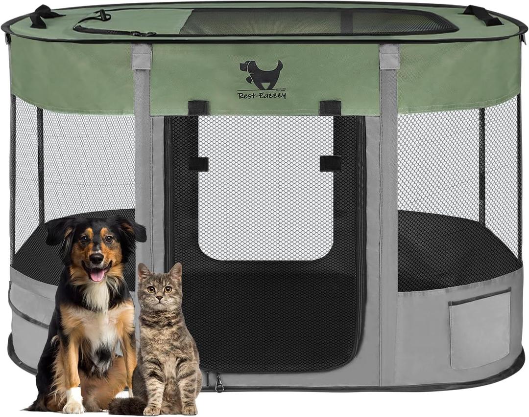 Rest-Eazzzy Dog Playpen, Foldable Kitten Playpen for Medium Dogs, Portable Pet Puppy Playpen with Removable Shade Cover, Indoor Outdoor Travel Camping Use for Small Pets with Carrying Case (M, Green)
