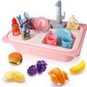 Asweets Color Changing Kitchen Sink Toys, Toddler Sink Toys with Running Water, Pretend Play Toys with Upgraded Faucet, Automatic Water Cycle System (Pink)