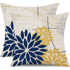 Outdoor Pillow Covers 16x16 Inch Set of 2 Navy Blue Yellow Outdoor Waterproof Decorative Throw Pillows Summer Spring Decor for Home Patio Funiture Garden Living Room Polyester Cushion Covers 01G16