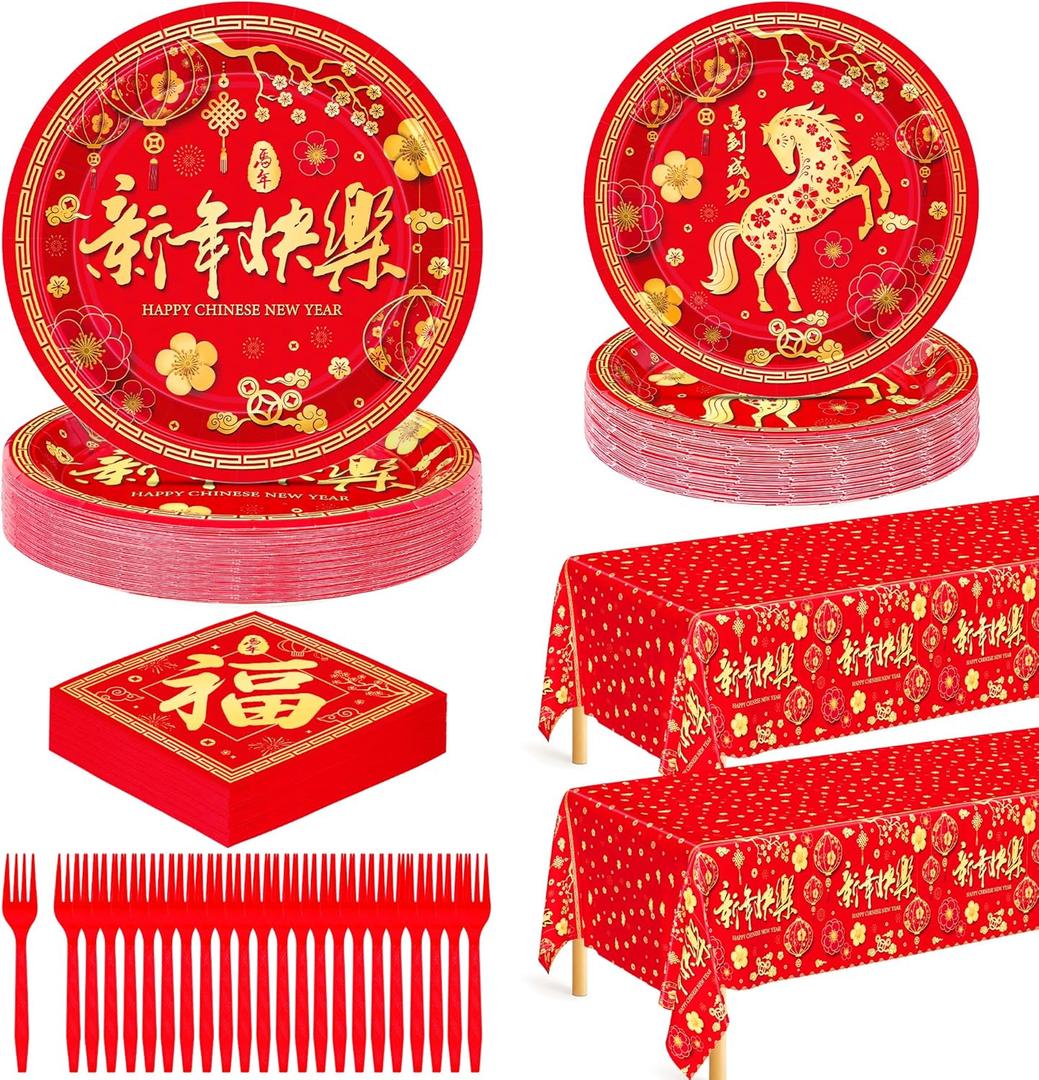 QZYL 122 PCS Chinese New Year Decorations 2026, Disposable Red Paper Plates, 30 Set Lunar New Year Plates and Napkins Forks Tablecloth, Year of the Horse Party Supplies Spring Festival Table Decor